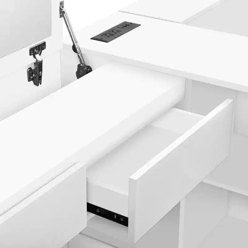 Lit plateforme double moderne en bois avec coiffeuse, 6 tiroirs et étagères