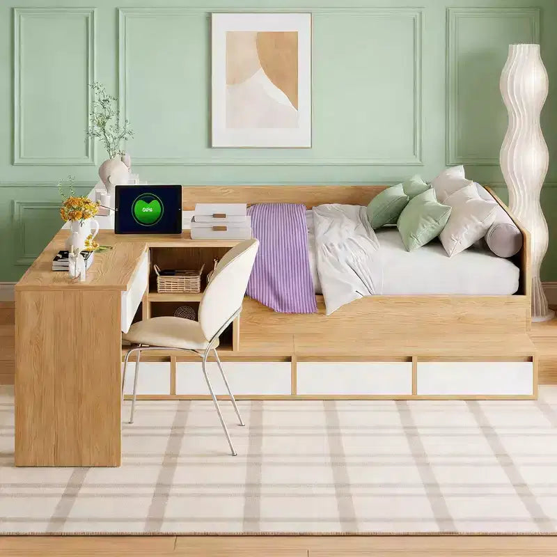 Lit plateforme double moderne en bois avec coiffeuse, 6 tiroirs et étagères
