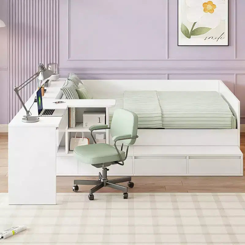 Luxystar Modern Full size Wood Platform Bed with Dressing Table, 6 Drawers and Shelves