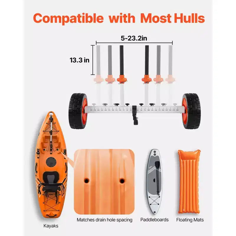 Chariot de kayak, capacité de charge de 104 kg, chariot de canoë avec pneus increvables de 10 pouces et béquille, montage et démontage en quelques secondes, multicolore