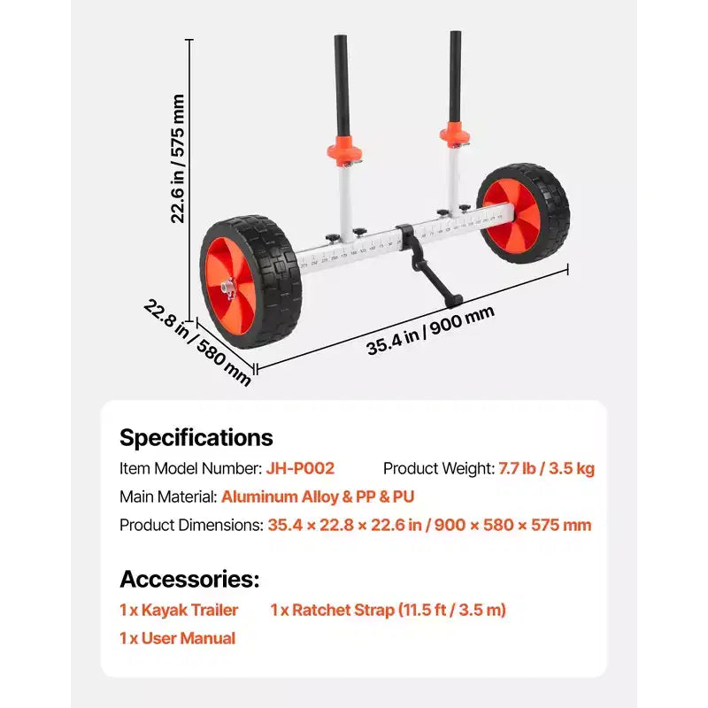 Chariot de kayak, capacité de charge de 104 kg, chariot de canoë avec pneus increvables de 10 pouces et béquille, montage et démontage en quelques secondes, multicolore