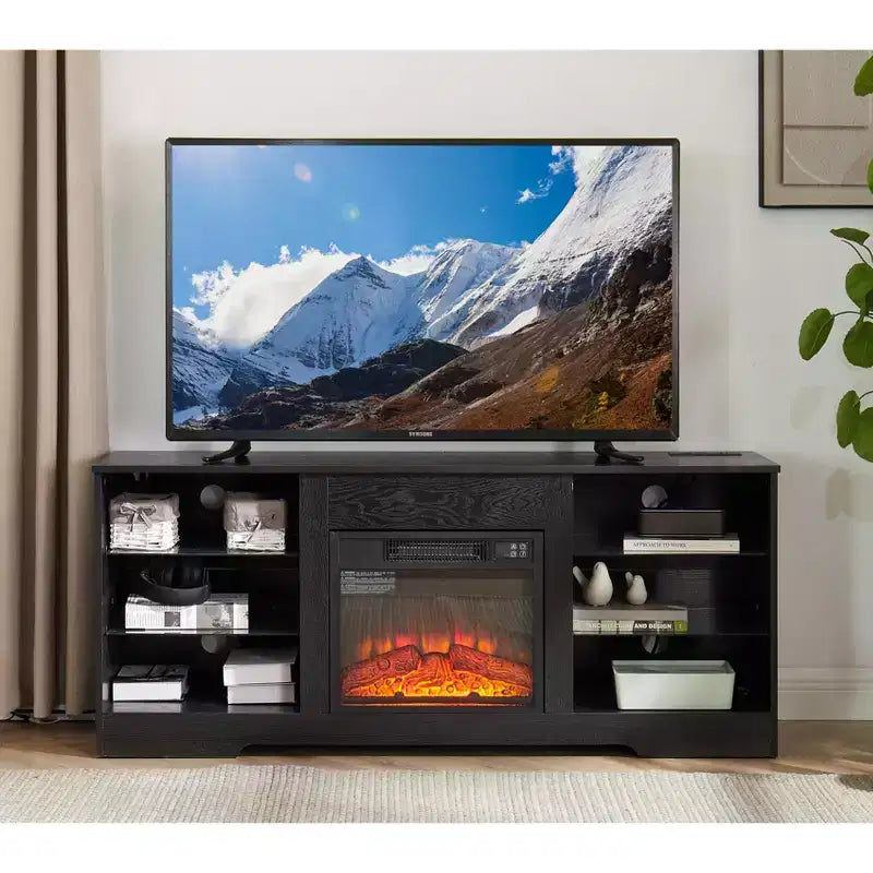 JVNOXK 57.88-inch TV Stand with Glass Shelves, for TVs under 62 inches Lighted Wooden TV Cabinet with USB Charging Ports, Black