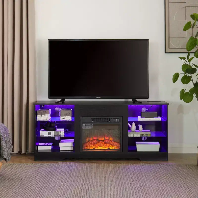 Meuble TV de 57,88 pouces avec étagères en verre, pour téléviseurs de moins de 62 pouces, meuble TV en bois éclairé avec ports de chargement USB, Noir