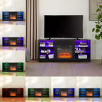 Meuble TV de 57,88 pouces avec étagères en verre, pour téléviseurs de moins de 62 pouces, meuble TV en bois éclairé avec ports de chargement USB, Noir