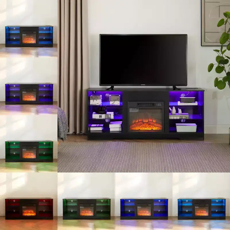 Meuble TV de 57,88 pouces avec étagères en verre, pour téléviseurs de moins de 62 pouces, meuble TV en bois éclairé avec ports de chargement USB, Noir