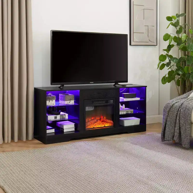 Meuble TV de 57,88 pouces avec étagères en verre, pour téléviseurs de moins de 62 pouces, meuble TV en bois éclairé avec ports de chargement USB, Noir