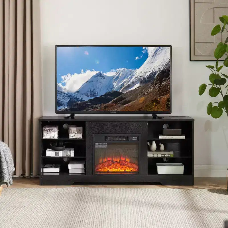 Meuble TV de 57,88 pouces avec étagères en verre, pour téléviseurs de moins de 62 pouces, meuble TV en bois éclairé avec ports de chargement USB, Noir