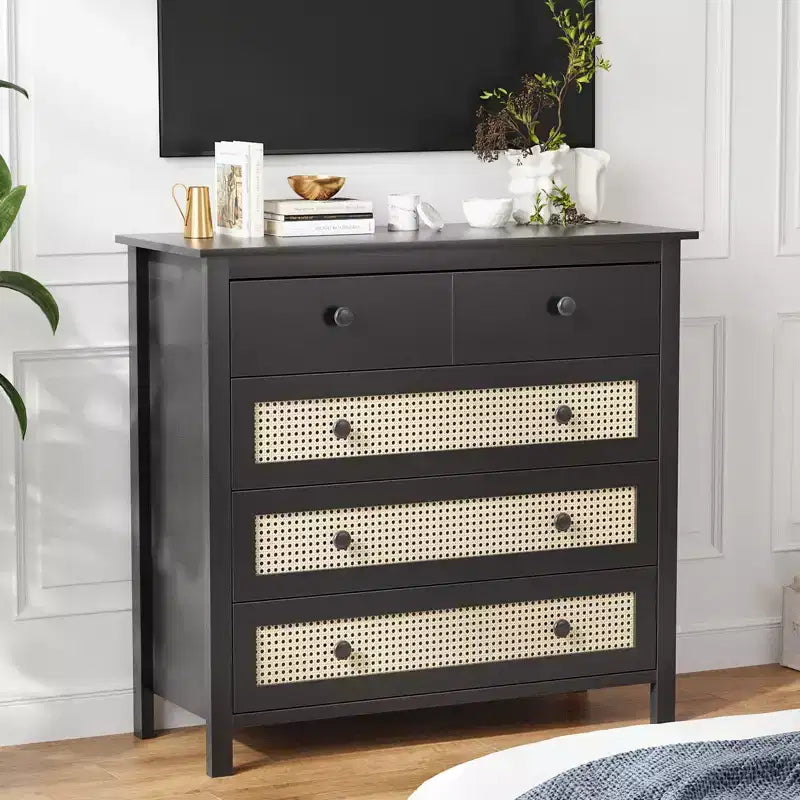 JVNOXK 4-Drawer Sideboard Modern rattan design with wooden storage compartments Ideal for living room entryways, console tables Black