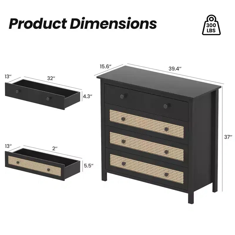 Commode à 4 tiroirs, design moderne en rotin avec compartiments de rangement en bois, idéale pour les salons, les entrées, les tables consoles, noire.