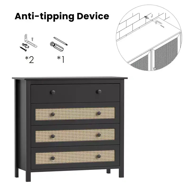 Commode à 4 tiroirs, design moderne en rotin avec compartiments de rangement en bois, idéale pour les salons, les entrées, les tables consoles, noire.