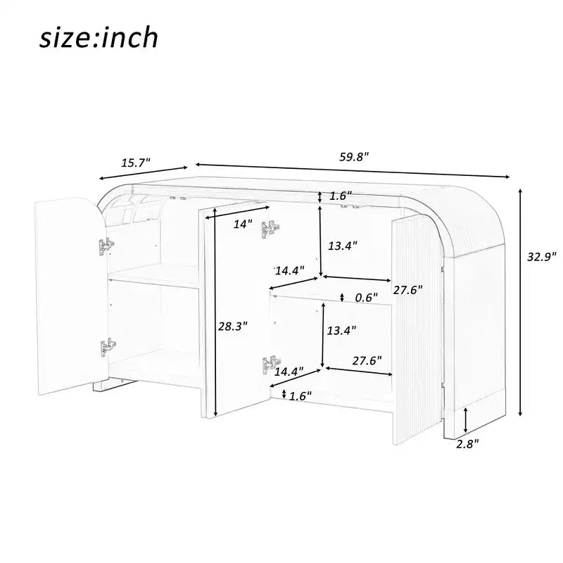 Bahut contemporain à portes ondulées avec coins arrondis et étagères réglables, Armoire de rangement pour cuisine, salle à manger, salon, chambre à coucher