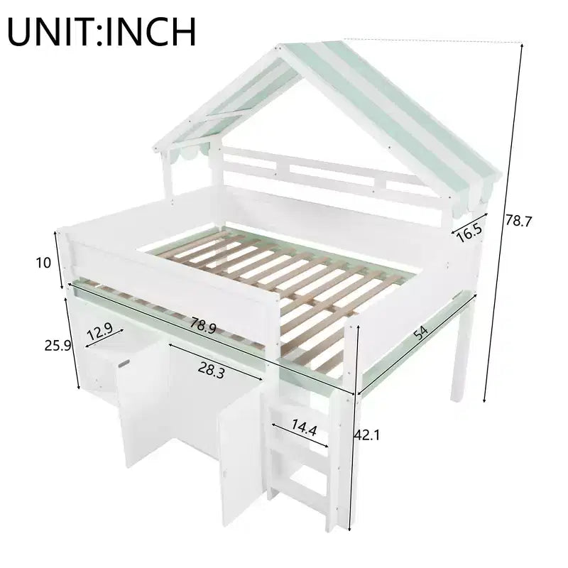 Lit mezzanine pleine grandeur avec armoire de rangement et étagères, cadre de lit mezzanine en bois pleine grandeur avec toit-baldaquin