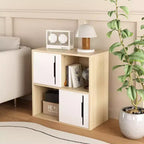 Meuble de rangement moderne en bois avec portes coulissantes, organisateur à 2 niveaux avec étagères ouvertes et fermées, finition bois naturel avec panneaux blancs, pour salon