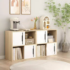 Meuble de rangement moderne en bois avec portes coulissantes, organisateur à 2 niveaux avec étagères ouvertes et fermées, finition bois naturel avec panneaux blancs, pour salon