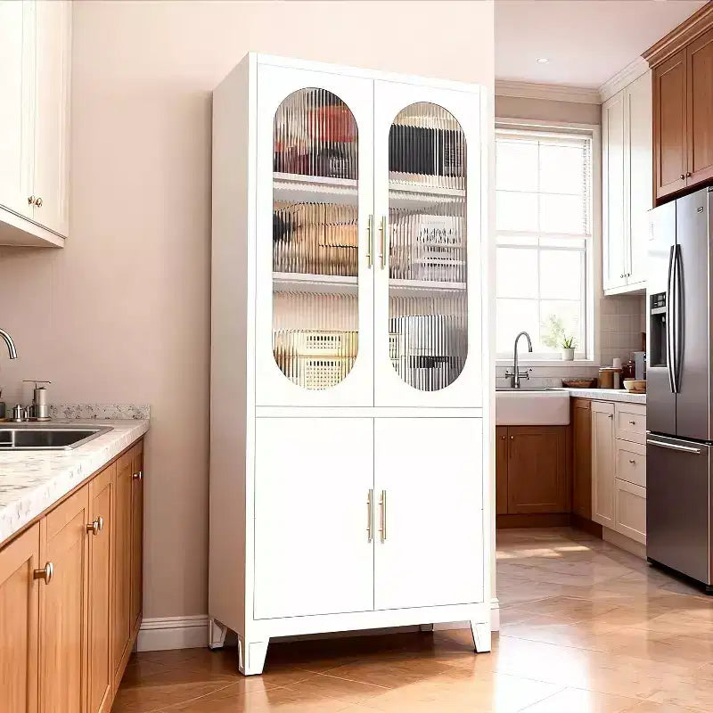 Meuble de Rangement avec Portes en Verre Canelé, Armoire de Rangement en Métal de 71 pour Cuisine, Salle à Manger, Buffet de Cuisine Moderne