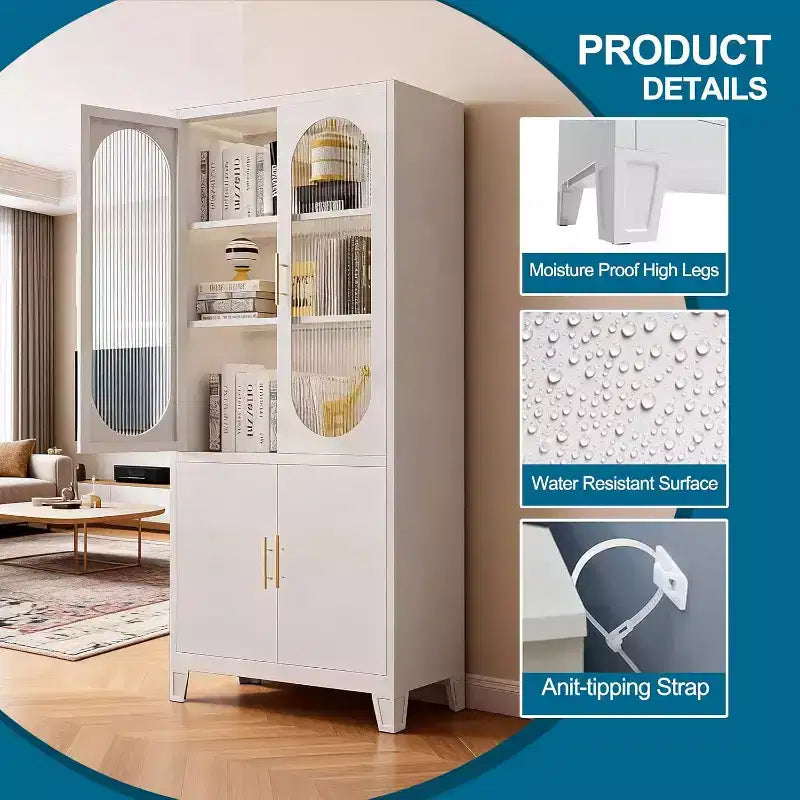 Meuble de Rangement avec Portes en Verre Canelé, Armoire de Rangement en Métal de 71 pour Cuisine, Salle à Manger, Buffet de Cuisine Moderne
