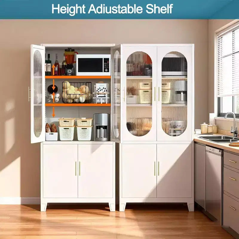 Meuble de Rangement avec Portes en Verre Canelé, Armoire de Rangement en Métal de 71 pour Cuisine, Salle à Manger, Buffet de Cuisine Moderne