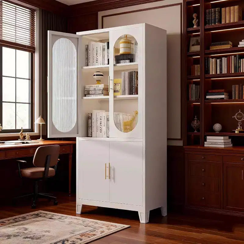 Meuble de Rangement avec Portes en Verre Canelé, Armoire de Rangement en Métal de 71 pour Cuisine, Salle à Manger, Buffet de Cuisine Moderne