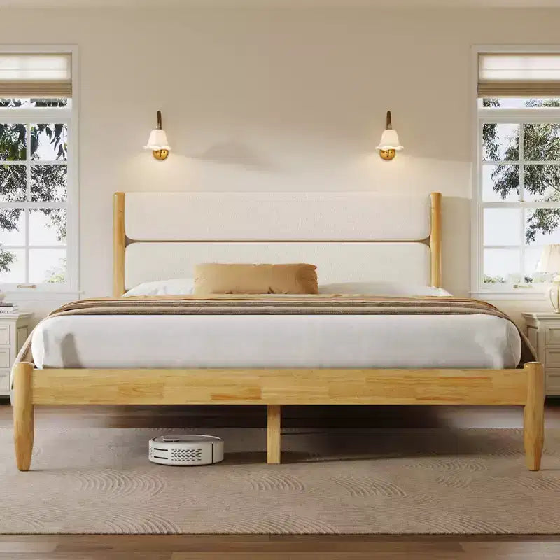 Queen/King Size Platform Bed Frame with Padded Upholstered Headboard, Fleece & Rubber wood Frame, Ivory & Natural - ModernLuxe