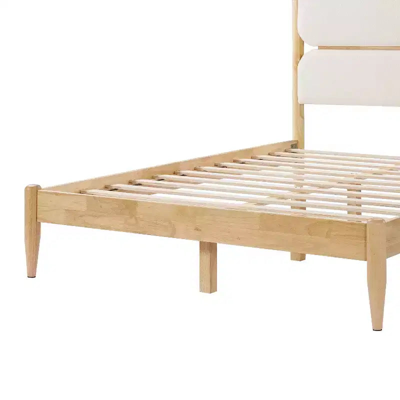 Cadre de lit plateforme Queen/King Size avec tête de lit rembourrée, cadre en molleton et bois d'hévéa, ivoire et naturel