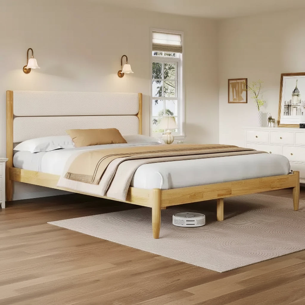 Cadre de lit plateforme Queen/King Size avec tête de lit rembourrée, cadre en molleton et bois d'hévéa, ivoire et naturel