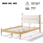 Cadre de lit plateforme Queen/King Size avec tête de lit rembourrée, cadre en molleton et bois d'hévéa, ivoire et naturel