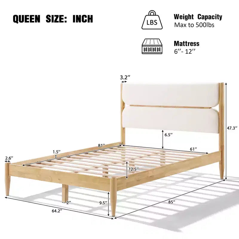Cadre de lit plateforme Queen/King Size avec tête de lit rembourrée, cadre en molleton et bois d'hévéa, ivoire et naturel