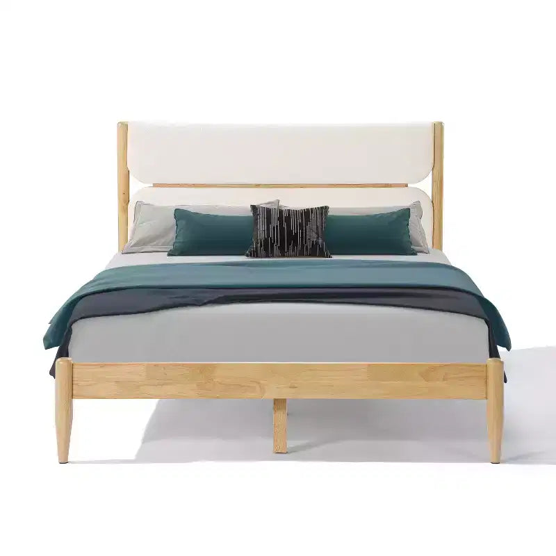 Cadre de lit plateforme Queen/King Size avec tête de lit rembourrée, cadre en molleton et bois d'hévéa, ivoire et naturel