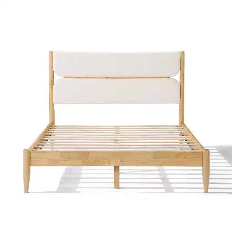 Cadre de lit plateforme Queen/King Size avec tête de lit rembourrée, cadre en molleton et bois d'hévéa, ivoire et naturel