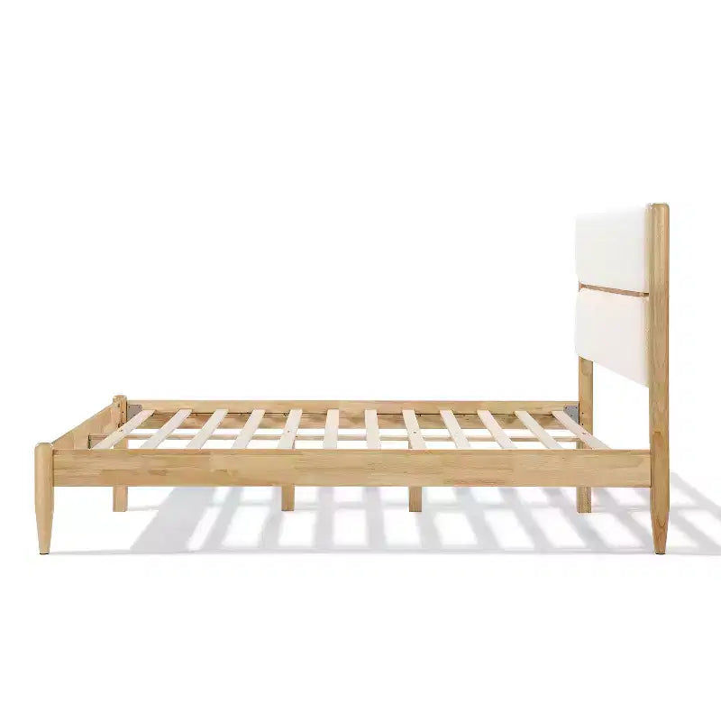 Cadre de lit plateforme Queen/King Size avec tête de lit rembourrée, cadre en molleton et bois d'hévéa, ivoire et naturel