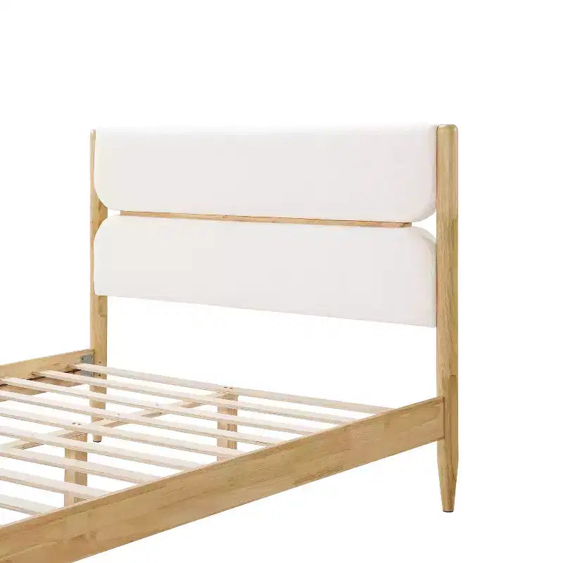 Cadre de lit plateforme Queen/King Size avec tête de lit rembourrée, cadre en molleton et bois d'hévéa, ivoire et naturel