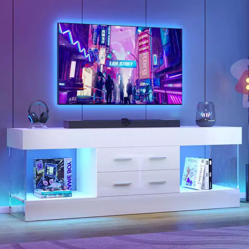 Meuble TV de 55,88 cm de haut avec étagères de rangement et tiroirs, meuble de console multimédia de jeu LED de 152,4 cm pour téléviseurs 32/43/55/65
