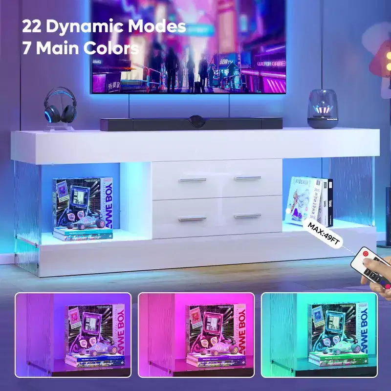 Meuble TV de 55,88 cm de haut avec étagères de rangement et tiroirs, meuble de console multimédia de jeu LED de 152,4 cm pour téléviseurs 32/43/55/65