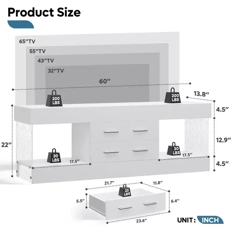 Meuble TV de 55,88 cm de haut avec étagères de rangement et tiroirs, meuble de console multimédia de jeu LED de 152,4 cm pour téléviseurs 32/43/55/65
