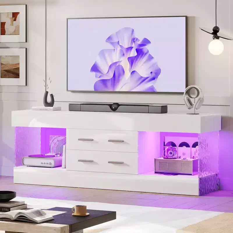 Meuble TV de 55,88 cm de haut avec étagères de rangement et tiroirs, meuble de console multimédia de jeu LED de 152,4 cm pour téléviseurs 32/43/55/65