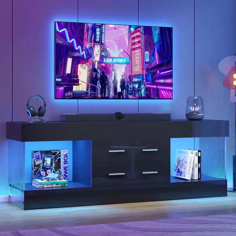 Meuble TV de 55,88 cm de haut avec étagères de rangement et tiroirs, meuble de console multimédia de jeu LED de 152,4 cm pour téléviseurs 32/43/55/65