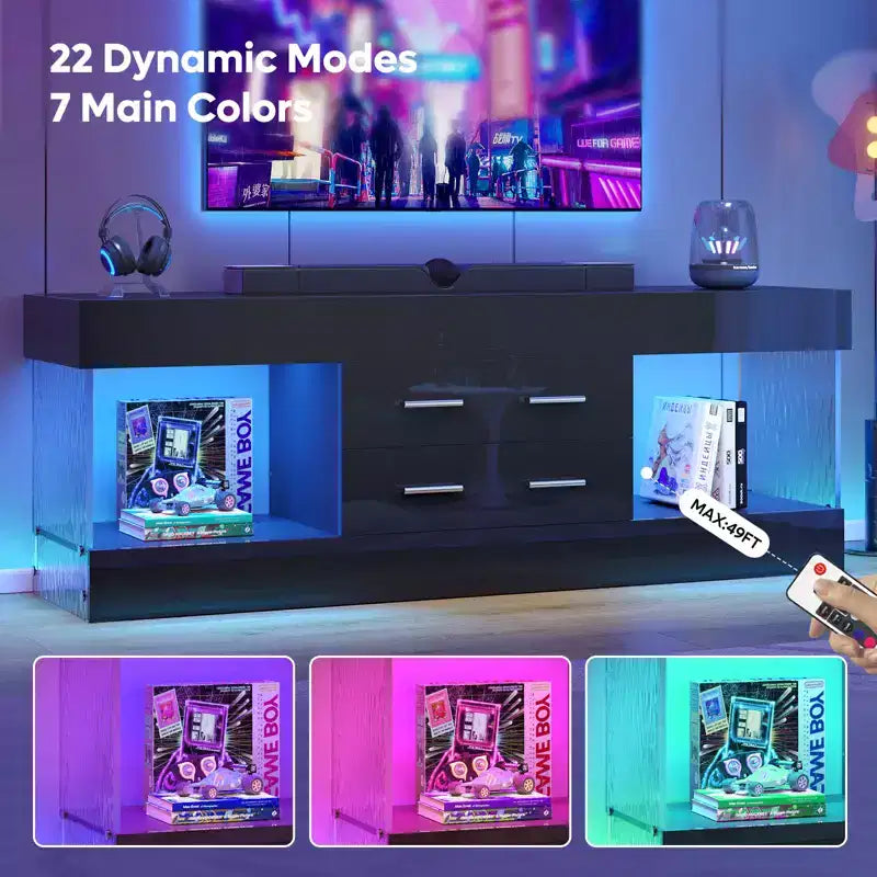 Meuble TV de 55,88 cm de haut avec étagères de rangement et tiroirs, meuble de console multimédia de jeu LED de 152,4 cm pour téléviseurs 32/43/55/65