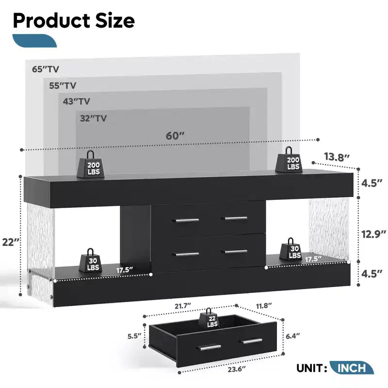 Meuble TV de 55,88 cm de haut avec étagères de rangement et tiroirs, meuble de console multimédia de jeu LED de 152,4 cm pour téléviseurs 32/43/55/65