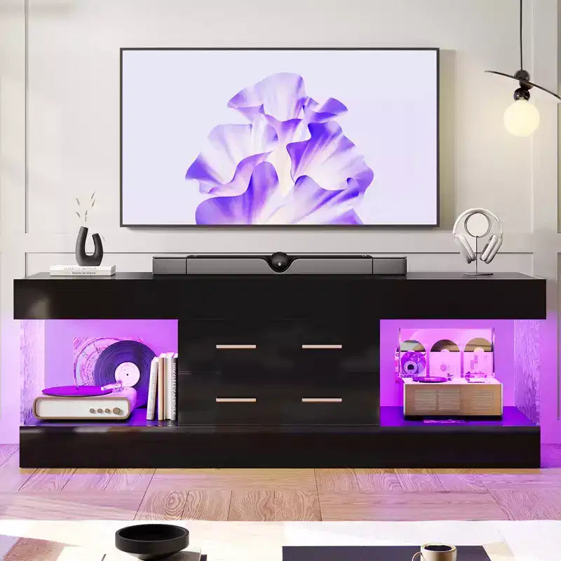 Meuble TV de 55,88 cm de haut avec étagères de rangement et tiroirs, meuble de console multimédia de jeu LED de 152,4 cm pour téléviseurs 32/43/55/65