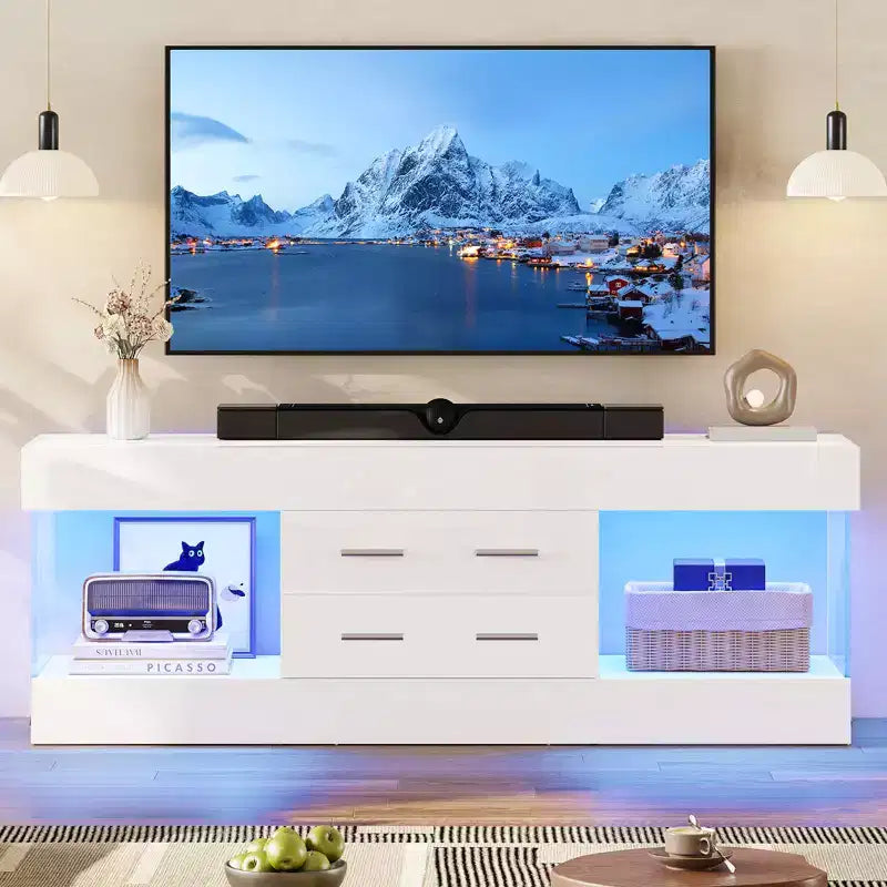 Meuble TV de 55,88 cm de haut avec étagères de rangement et tiroirs, meuble de console multimédia de jeu LED de 152,4 cm pour téléviseurs 32/43/55/65