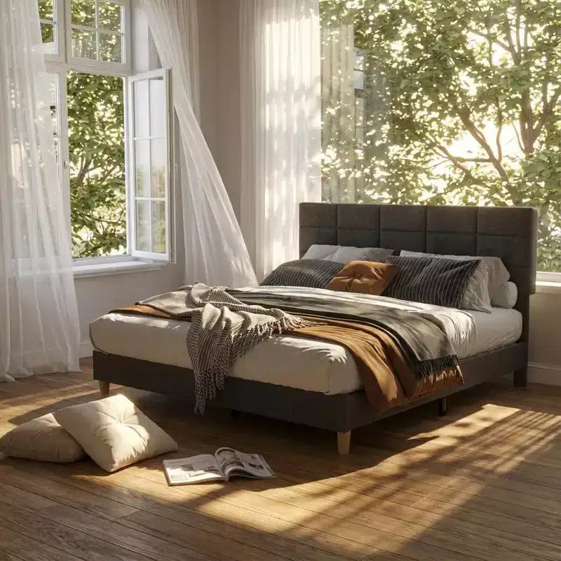 COZONY Full Size Bed Frame with Headboard, Grey Linen Upholstered w/ 700LBS Wood Slat Support, No Box Spring